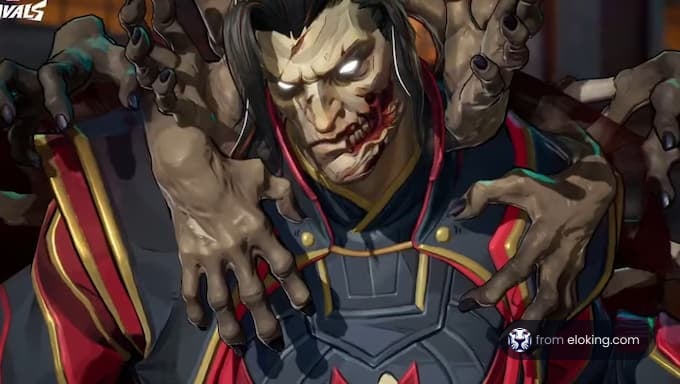 A sinister character with multiple hands coming from behind, creating a dark and eerie atmosphere.