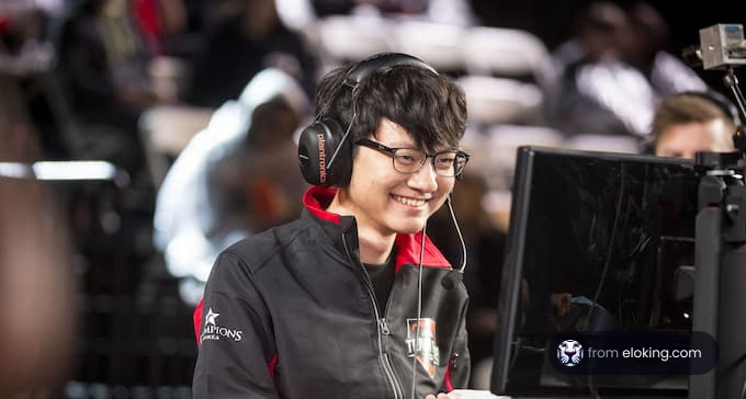 Smiling esports player with headset at a gaming tournament