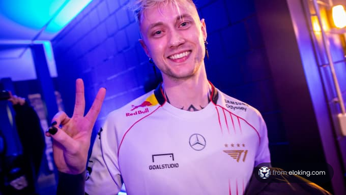 Smiling young man in esports jersey showing peace sign in neon-lit room