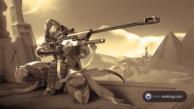 A sniper character in a desert setting, poised and ready.