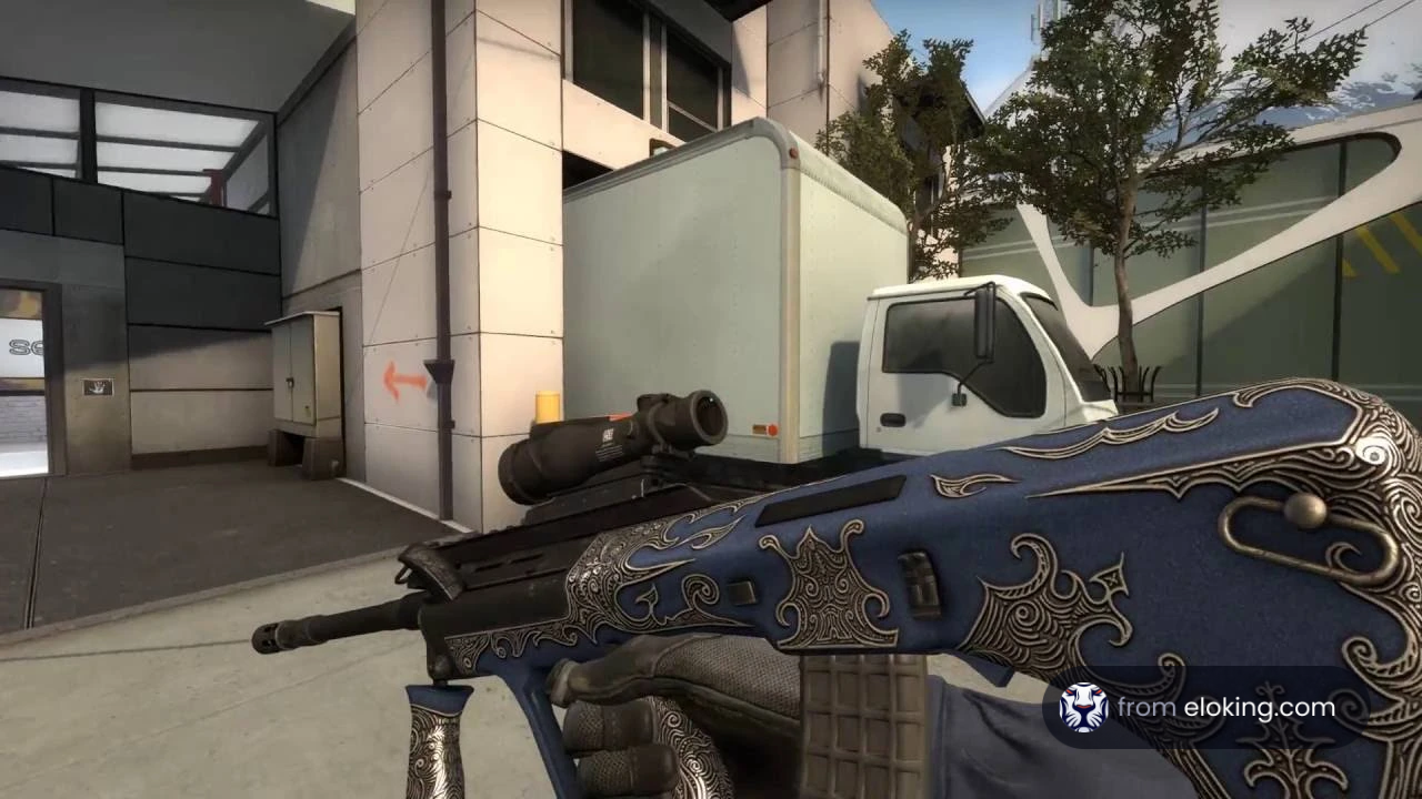 A detailed blue ornate sniper rifle in an urban setting video game scene