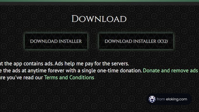 Screenshot of a software download page with download options and donation request