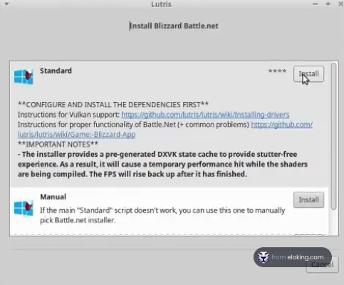 Screenshot of a software installation dialog for Blizzard Battle.net on Lutris