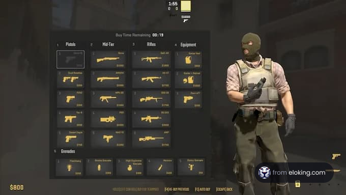 Soldier with mask standing in front of weapon selection menu in a video game