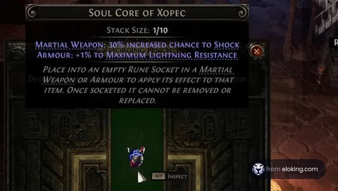 Soul Core of Xopec with stats for increased chance to shock and maximum lightning resistance.