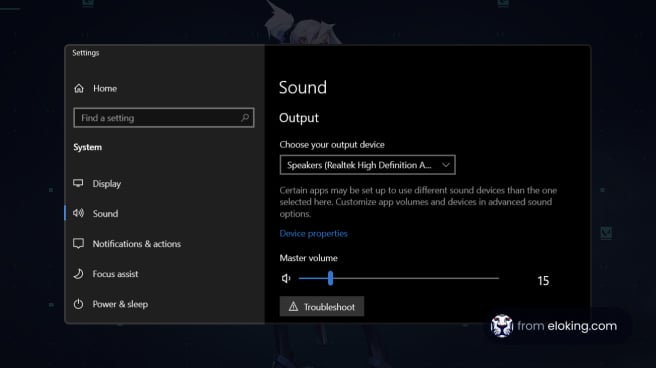 Screenshot of sound settings interface with device and volume adjustments