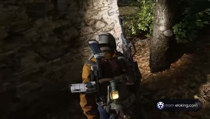 A space explorer navigating through a forest with a gear-laden backpack