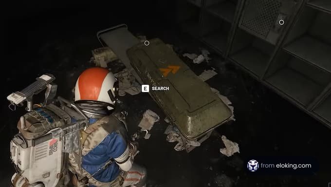 Ein Weltraum-Entdecker, der in einer dunklen Umgebung nach Gegenst&auml;nden sucht.