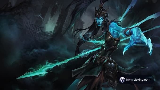 A spectral warrior holding a mystical spear in a dark environment