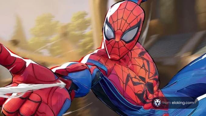 アクションポーズを取るスパイダーマン、鮮やかな色合いとダイナミックな動きを披露。