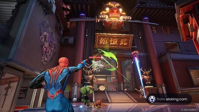 Vibrant action scene featuring Spider-Man in a Marvel game.