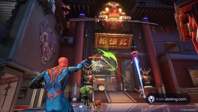 Spider-Man engaging in a battle in an anime-style setting