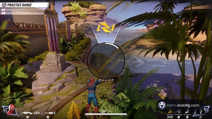 Spider-Man practicing in a vibrant game environment.