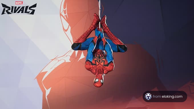 Spider-Man wiszący do g&oacute;ry nogami w dynamicznej pozie z Marvel Rivals