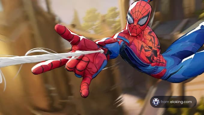Spiderman swinging through the city