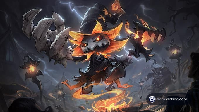 A spooky scarecrow character with orange accents and magical flames.