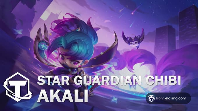 Star Guardian Chibi Akali in action under a purple sky