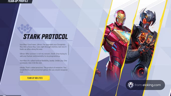 Iron Man and Ultron discussing the Stark Protocol in a team-up profile.