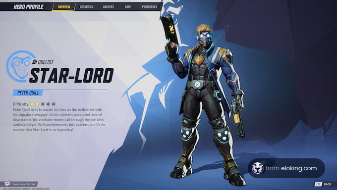 Star-Lord character profile from the game with a focus on his superpowers and abilities.
