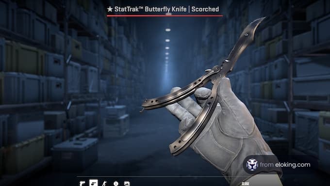 Butterfly knife held in a gloved hand in a video game environment