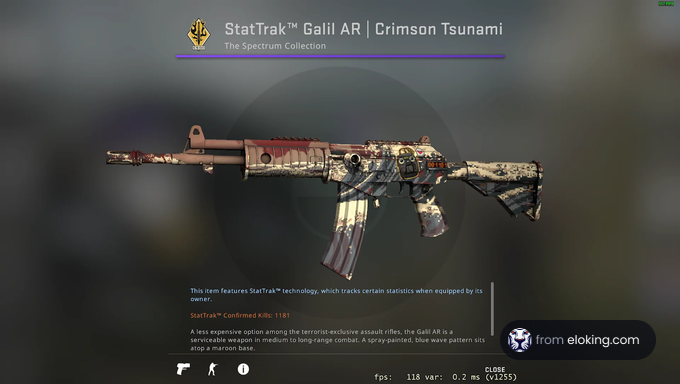 StatTrak Galil AR Crimson Tsunami from The Spectrum Collection in a video game interface