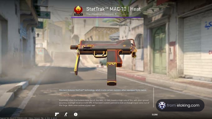 Stattrak MAC-10 Heat skin from CS:GO displayed in a street scene