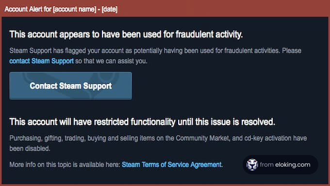 Screenshot of a Steam alert notifying restricted account functionality due to suspected fraudulent activity