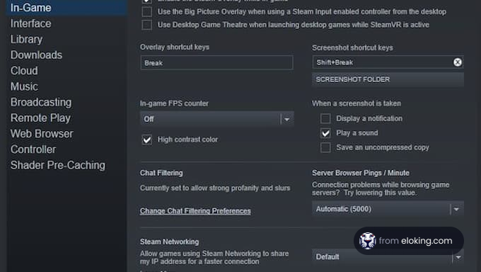 Screenshot of Steam overlay settings interface showing options for in-game FPS, chat filtering, and server networking