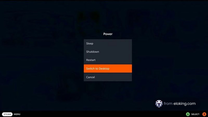 Steam menu with options including Sleep, Shutdown, Restart, Switch to Desktop, and Cancel