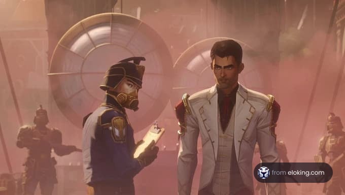 Two anime characters, an officer in a helmet and another in a white uniform, discuss in a steampunk setting