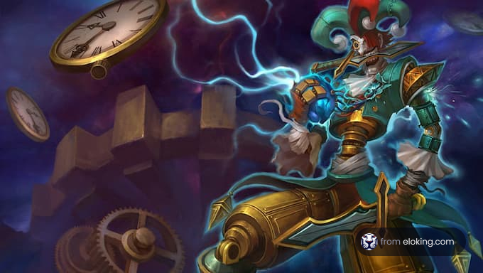 A steampunk character wielding electricity amidst gears and clocks.