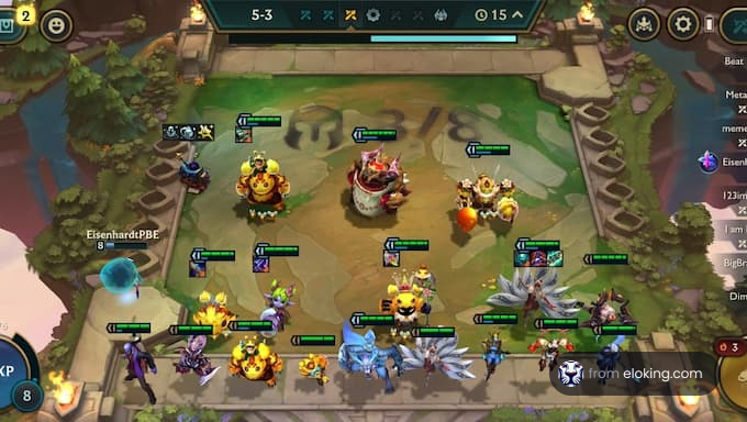 Strategy game interface showing a variety of characters engaging in a battleground