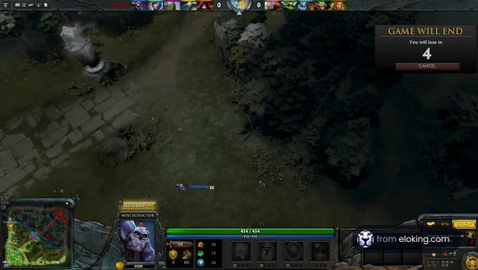 Screenshot of a Dota 2 game showing Witch Doctor character and gameplay interface.