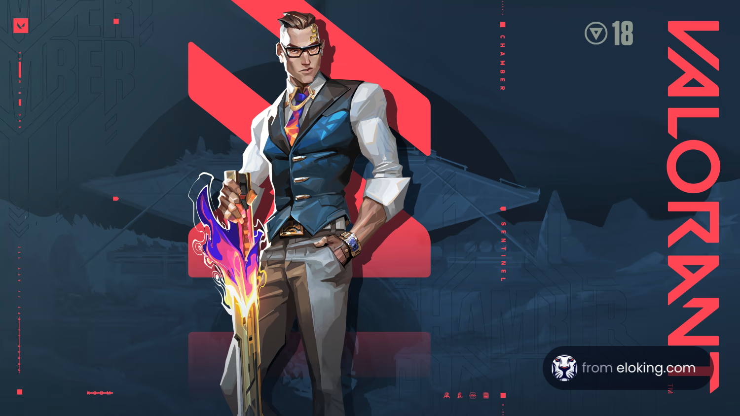 Stylish animated character in a vest and glasses holding a fiery weapon, with a futuristic background