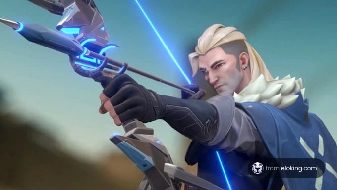 Ein talentierter Bogenschütze aus einem Videospiel, der mit einem High-Tech-Bogen zielt.