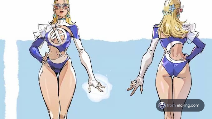 Stylish character design featuring a model in a blue costume