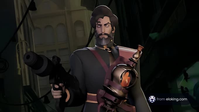 Stylish character holding a gun in a dark alley