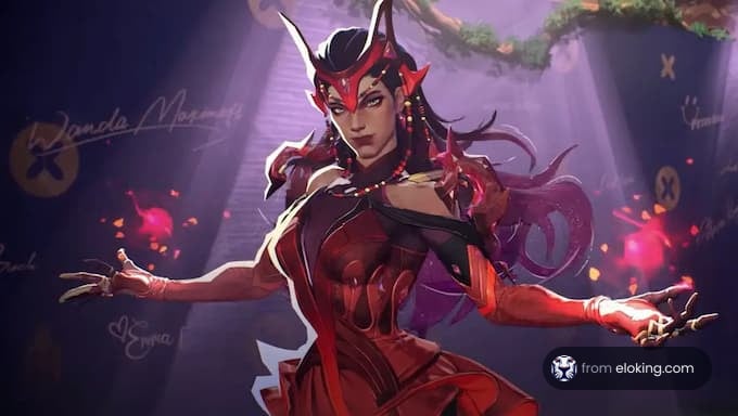 A stylish fantasy character with elaborate red attire and striking features.