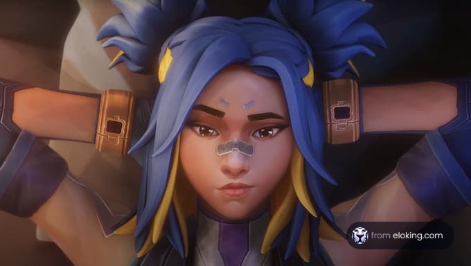 A stylish female character with blue hair and a confident expression.