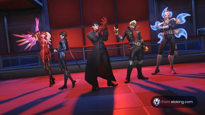 Five stylish gaming characters posing dramatically in an action scene.