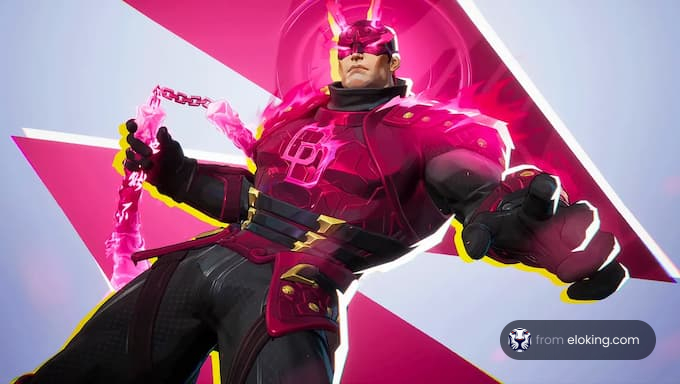 A stylish pink superhero character in action