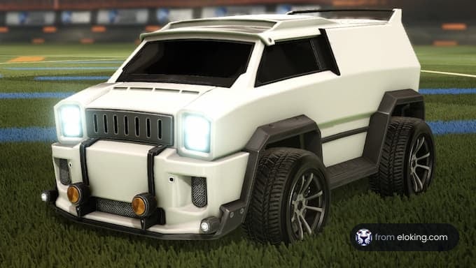 White futuristic car on a soccer field