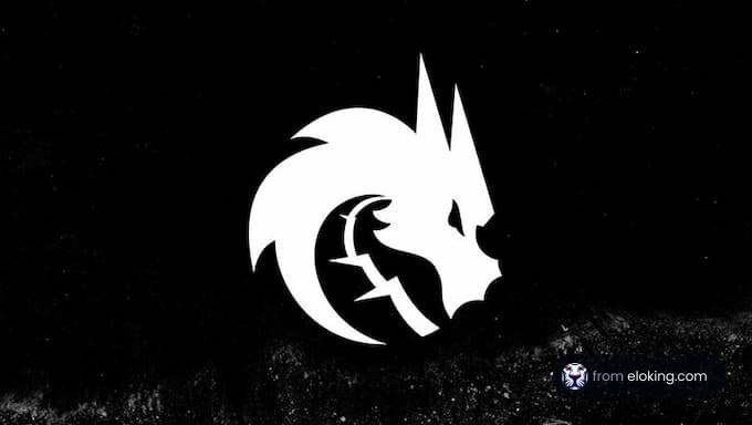 A stylized white wolf logo on a black background