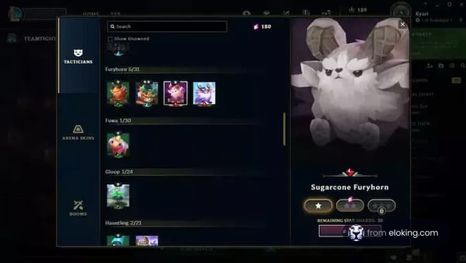 In-game interface showcasing a Sugarcane Furyhorn in Teamfight Tactics