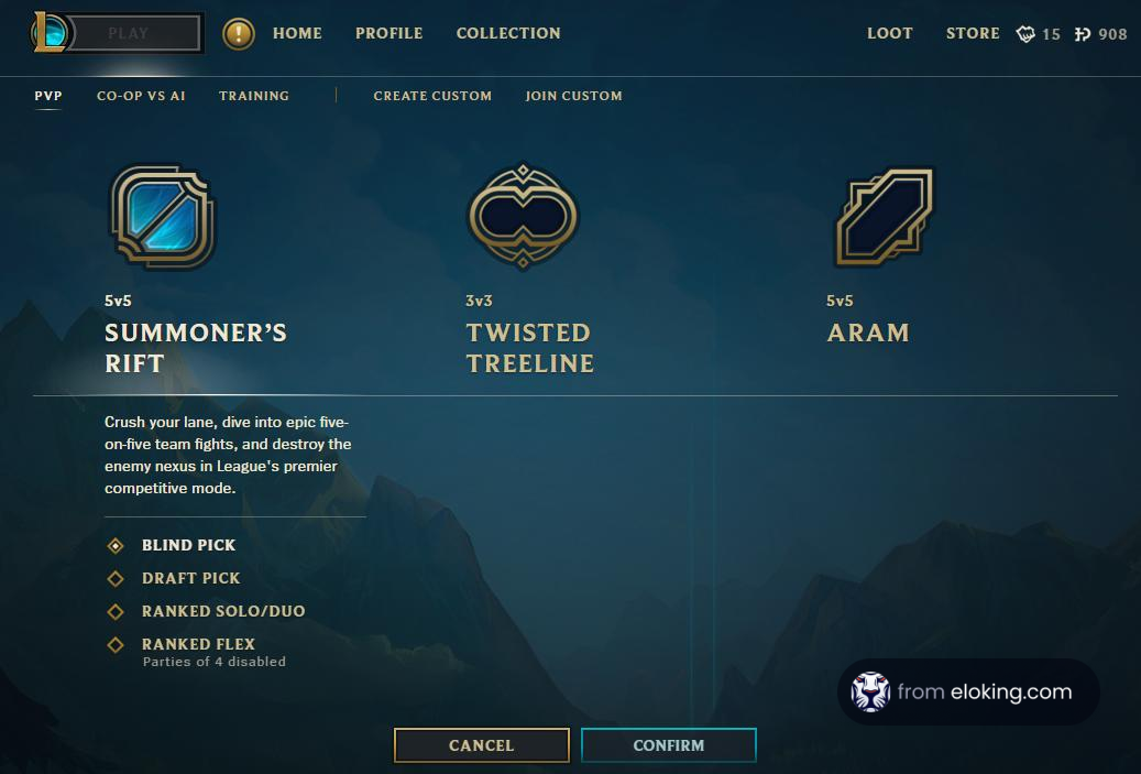 User interface of a video game showing game mode options: Summoner's Rift, Twisted Treeline, and ARAM