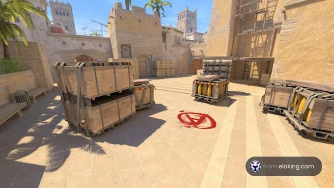 Sunny virtual game environment with crates and marked symbol on pavement