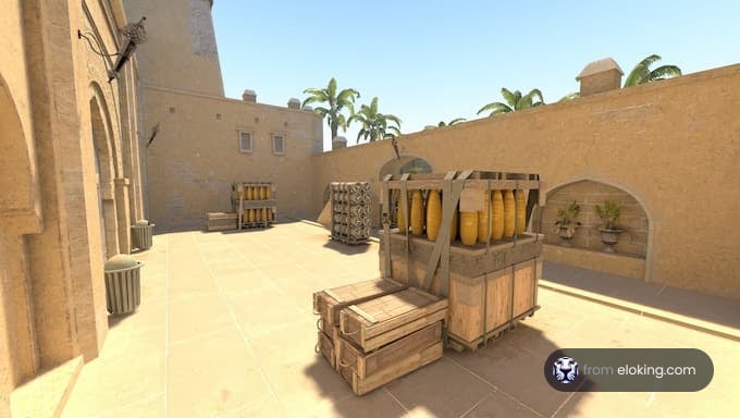 Sunny desert fortress with crates and barrels