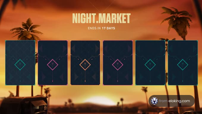 Night market event banner with countdown and mysterious item cards against a tropical sunset background