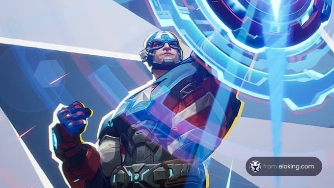 A superhero character in a dynamic pose with a futuristic energy shield.