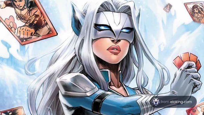 A superhero character with long silver hair playing a card game.